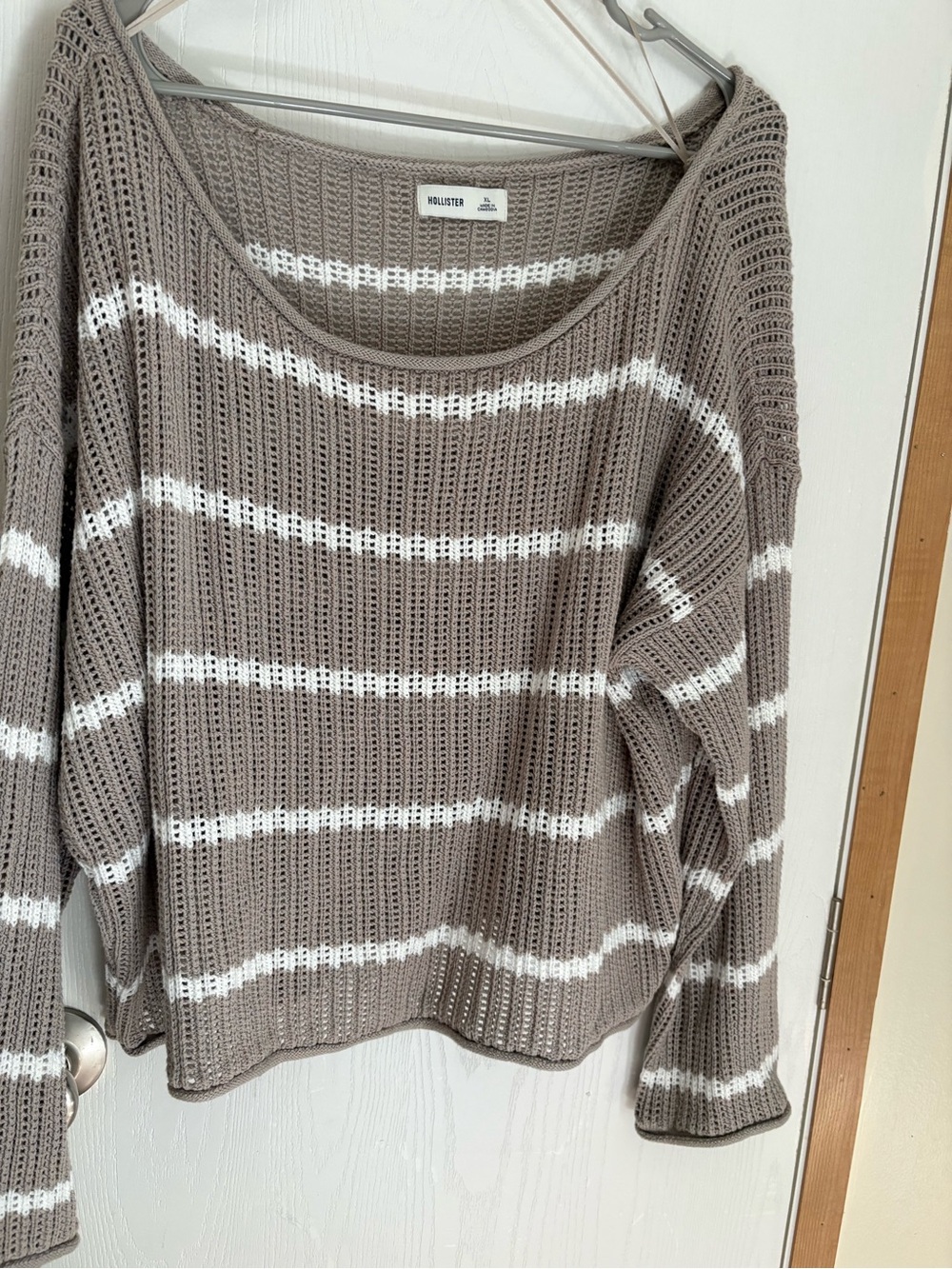 Hollister Taupe and White Striped Open-Knit Scoop Sweater